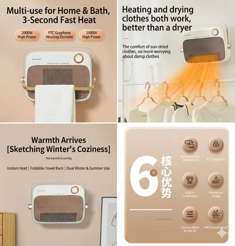Sharp Graphene Fan Heater, Portable Wall-Mounted Splash-Proof PTC Ceramic Fast Heating/Quiet and Energy-Saving HX-AM202B-C
