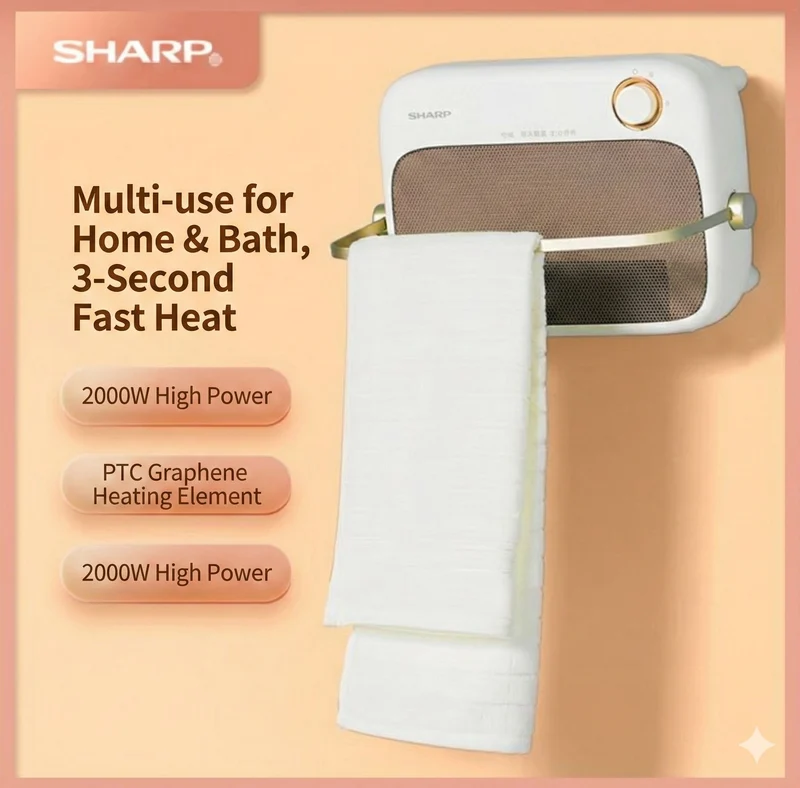 Sharp Graphene Fan Heater, Portable Wall-Mounted Splash-Proof PTC Ceramic Fast Heating/Quiet and Energy-Saving HX-AM202B-C