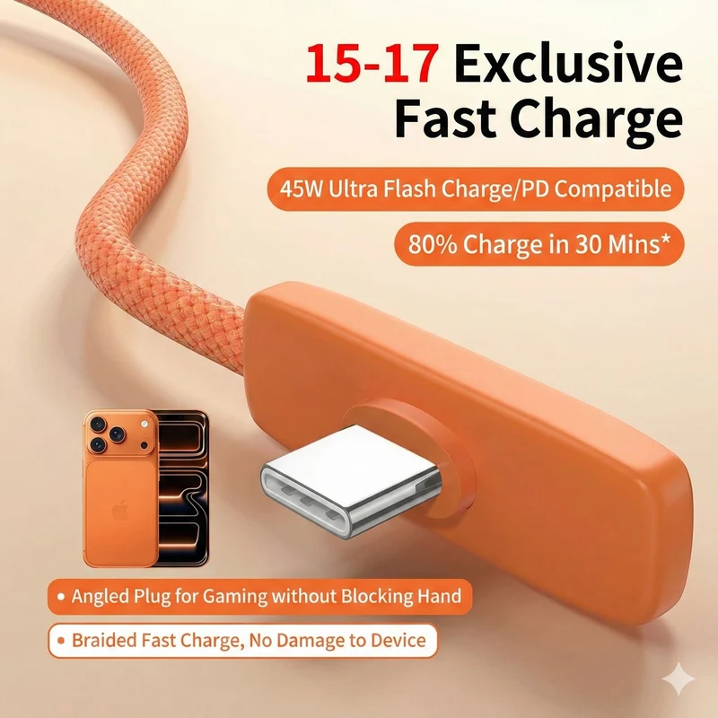 Yoonew PD45W Right Angle Data Cable Nylon Braided Orange USB C To C Fast Charging Wire Cord for IPhone 17 / 16 / 15 ProMax and Android
