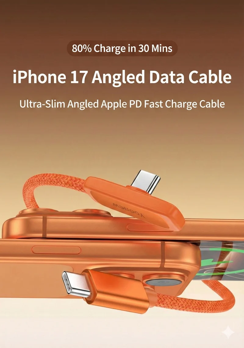 Yoonew PD45W Right Angle Data Cable Nylon Braided Orange USB C To C Fast Charging Wire Cord for IPhone 17 / 16 / 15 ProMax and Android