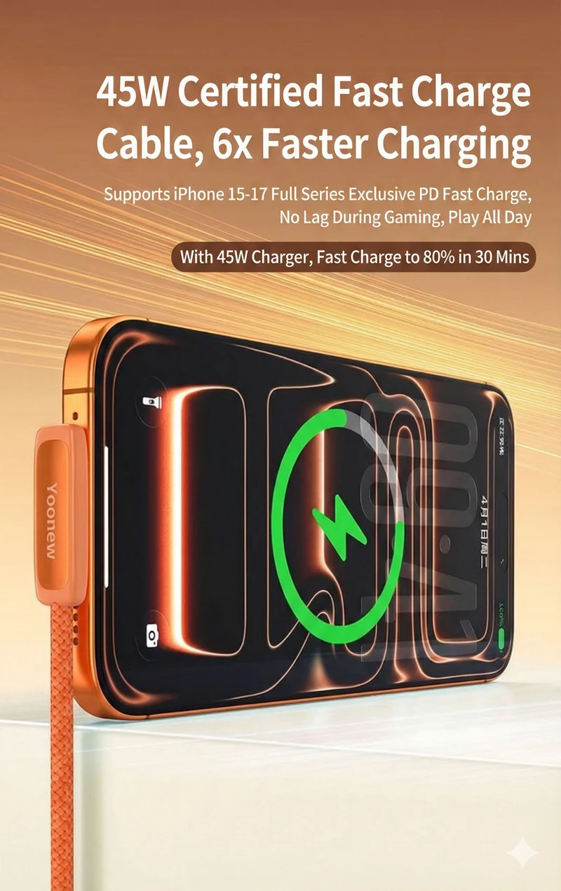 Yoonew PD45W Right Angle Data Cable Nylon Braided Orange USB C To C Fast Charging Wire Cord for IPhone 17 / 16 / 15 ProMax and Android