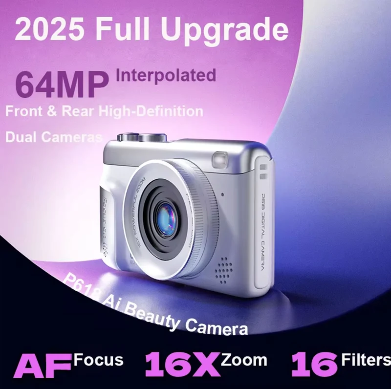 Aigo P618 64MP Kids Digital Camera with 4K Video 16X Zoom Dual AI Beauty 16 Filters Retro Style