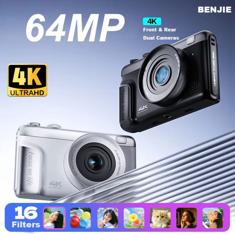 Aigo P618 64MP Kids Digital Camera with 4K Video 16X Zoom Dual AI Beauty 16 Filters Retro Style