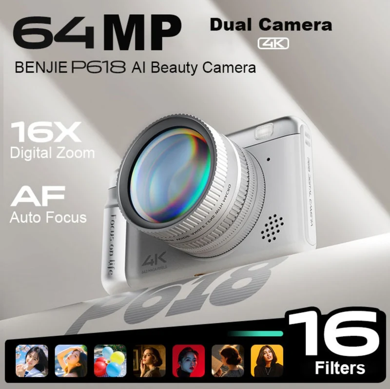 Aigo P618 64MP Kids Digital Camera with 4K Video 16X Zoom Dual AI Beauty 16 Filters Retro Style