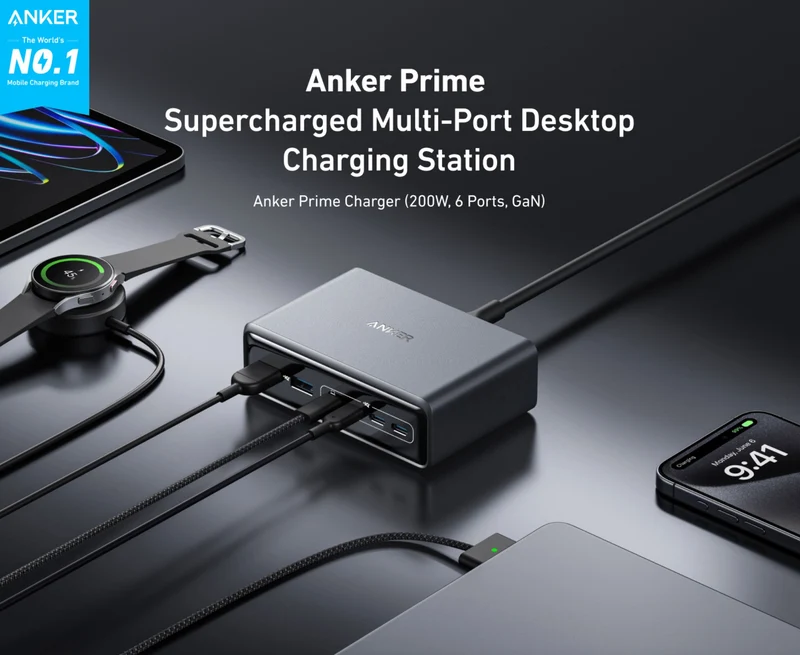 Anker Prime GaN 200W USB C Charger, 6 Port GaN 200W Charging Station, USB-C PD Fast Desktop Charger, for iPhone, Samsung, MacBook, Dell and More