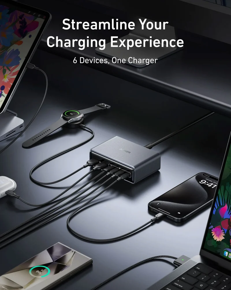 Anker Prime GaN 200W USB C Charger, 6 Port GaN 200W Charging Station, USB-C PD Fast Desktop Charger, for iPhone, Samsung, MacBook, Dell and More