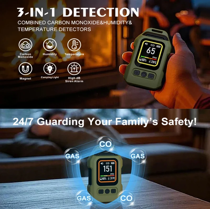 Furper 3-in-1 CO Gas Leak Detector Carbon Monoxide Sensor with Alarm Flashlight Portable Temp Humidity Meter for Home Indoor Use