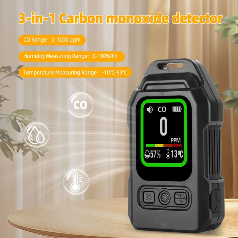 Furper 3-in-1 CO Gas Leak Detector Carbon Monoxide Sensor with Alarm Flashlight Portable Temp Humidity Meter for Home Indoor Use