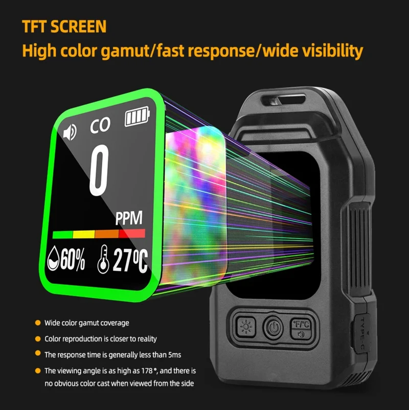 Furper 3-in-1 CO Gas Leak Detector Carbon Monoxide Sensor with Alarm Flashlight Portable Temp Humidity Meter for Home Indoor Use