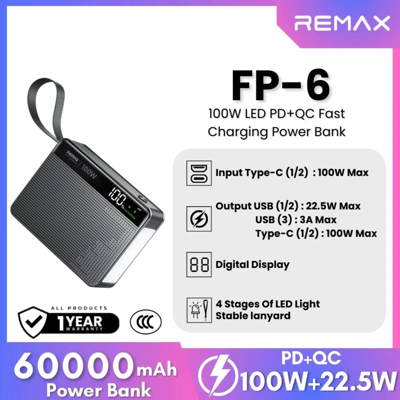 REMAX - FP-6 60000mAh LED PD+QC Fast Charging Power Bank ( 100W+22.5W )