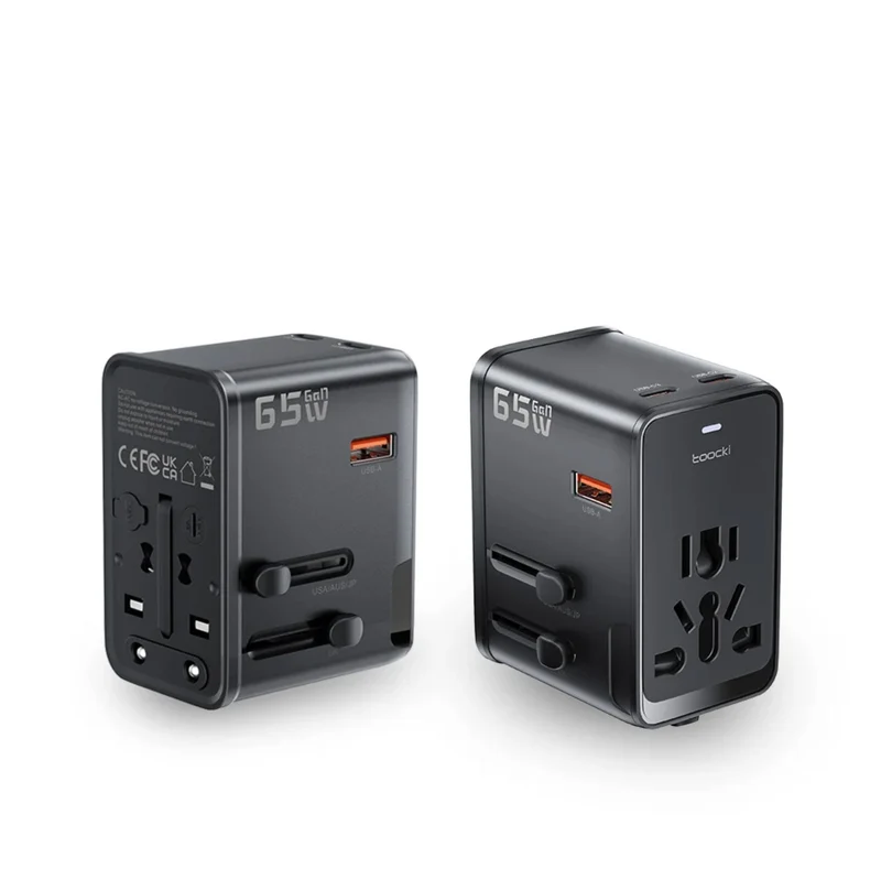Toocki 65W Universal Travel Adapter with GaN Fast Charging, 4 USB Ports & AC Socket, Worldwide Plug Adapter