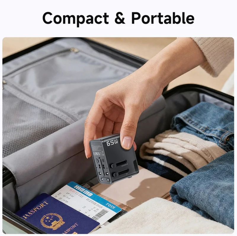 Toocki 65W Universal Travel Adapter with GaN Fast Charging, 4 USB Ports & AC Socket, Worldwide Plug Adapter