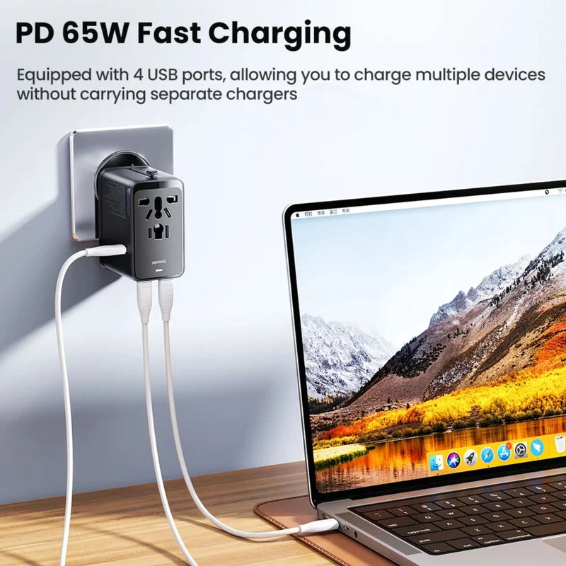 Toocki 65W Universal Travel Adapter with GaN Fast Charging, 4 USB Ports & AC Socket, Worldwide Plug Adapter
