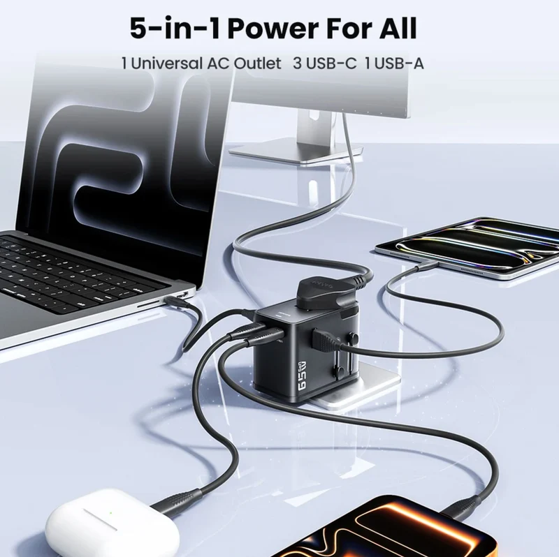 Toocki 65W Universal Travel Adapter with GaN Fast Charging, 4 USB Ports & AC Socket, Worldwide Plug Adapter