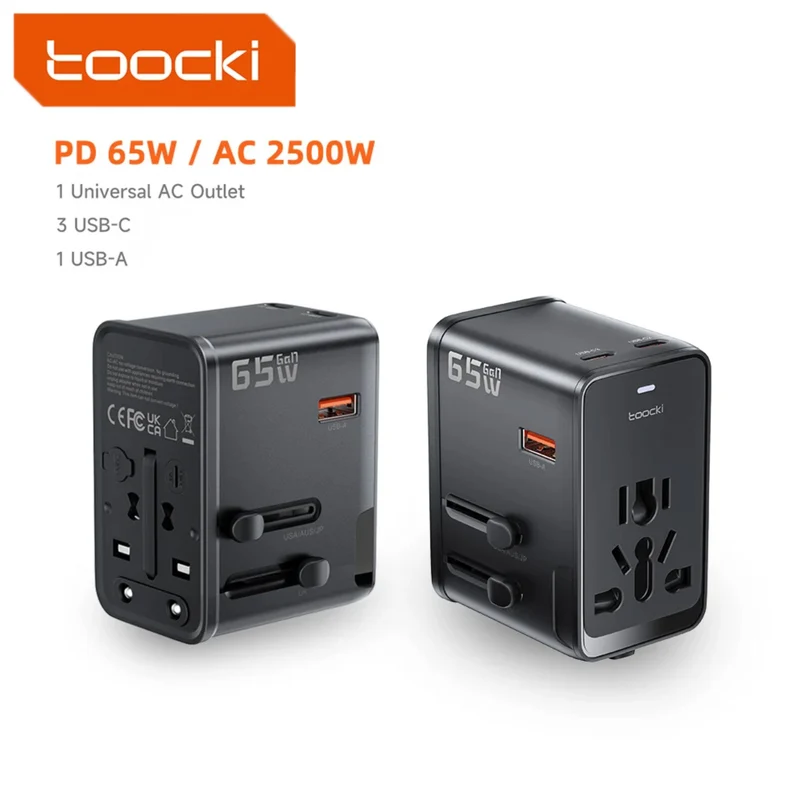Toocki 65W Universal Travel Adapter with GaN Fast Charging, 4 USB Ports & AC Socket, Worldwide Plug Adapter