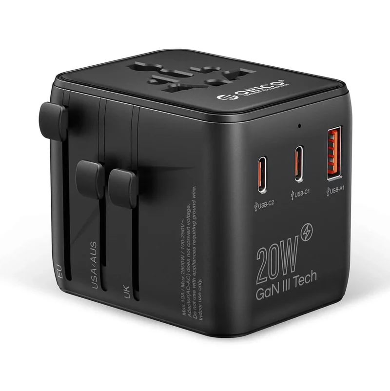 ORICO GaN 20W Universal Global Travel Adapter with 2 USB-C & 1 USB-A Ports