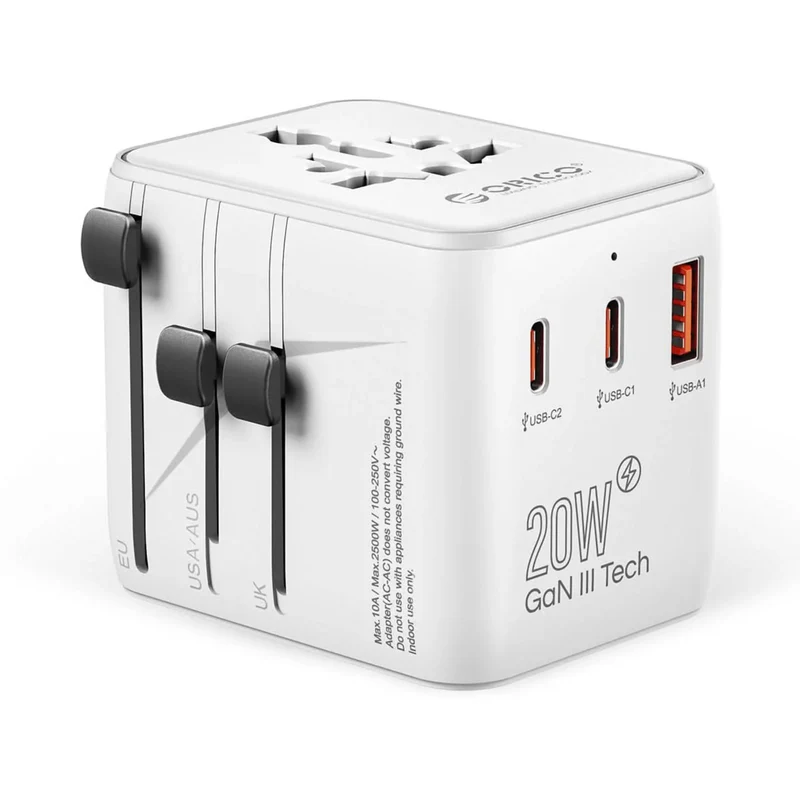 ORICO GaN 20W Universal Global Travel Adapter with 2 USB-C & 1 USB-A Ports