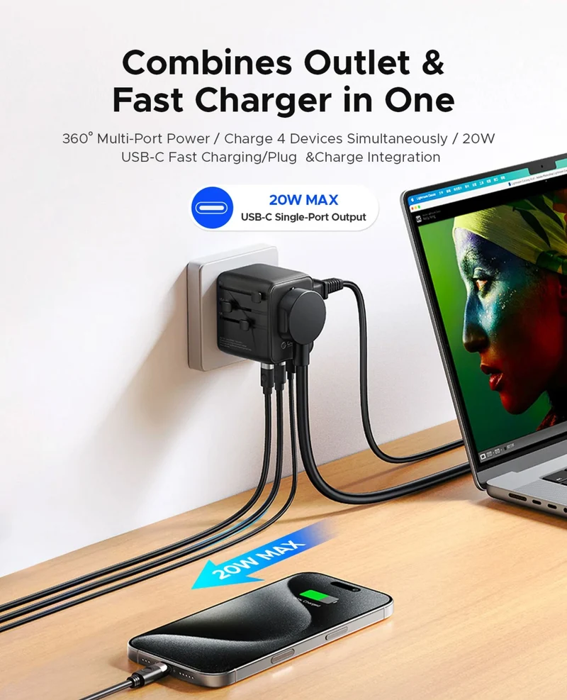 ORICO GaN 20W Universal Global Travel Adapter with 2 USB-C & 1 USB-A Ports