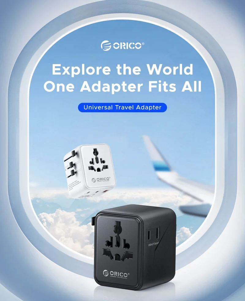 ORICO GaN 20W Universal Global Travel Adapter with 2 USB-C & 1 USB-A Ports