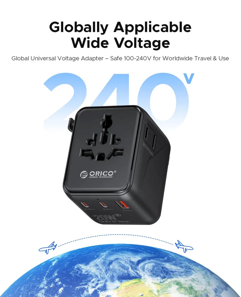ORICO GaN 20W Universal Global Travel Adapter with 2 USB-C & 1 USB-A Ports