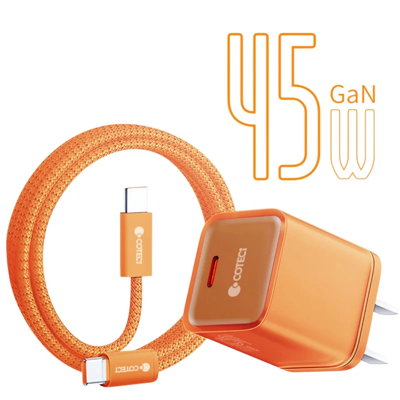 COTECi PD 45W GaN Fast Charging Adapter Charger Kit 1 m USB C to C Data Cable For Iphone 17 Series Orange