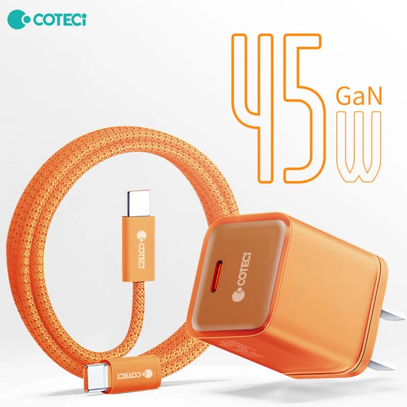 COTECi PD 45W GaN Fast Charging Adapter Charger Kit 1 m USB C to C Data Cable For Iphone 17 Series Orange
