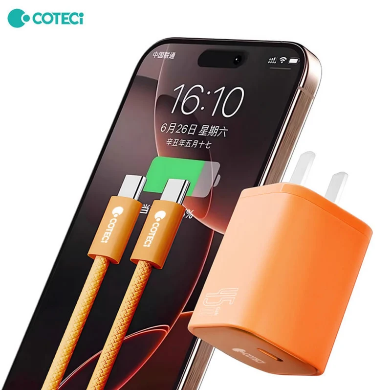 COTECi PD 45W GaN Fast Charging Adapter Charger Kit 1 m USB C to C Data Cable For Iphone 17 Series Orange