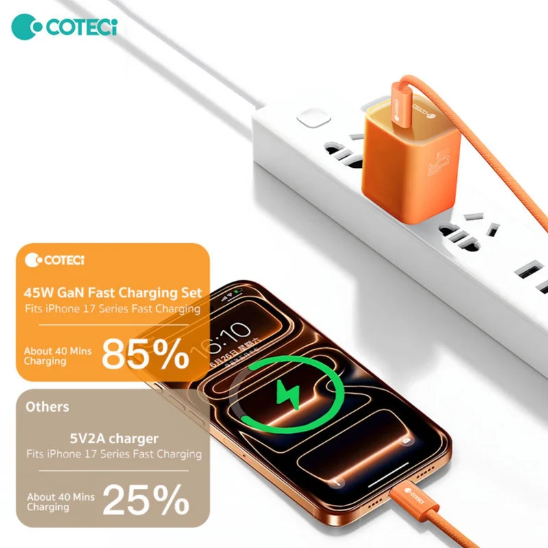 COTECi PD 45W GaN Fast Charging Adapter Charger Kit 1 m USB C to C Data Cable For Iphone 17 Series Orange