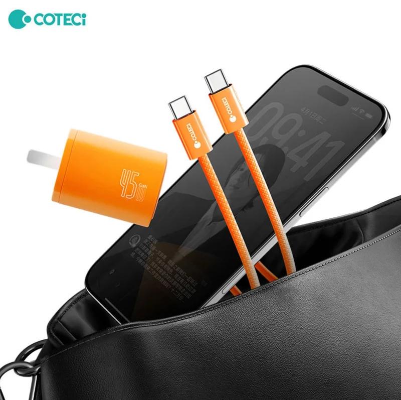 COTECi PD 45W GaN Fast Charging Adapter Charger Kit 1 m USB C to C Data Cable For Iphone 17 Series Orange