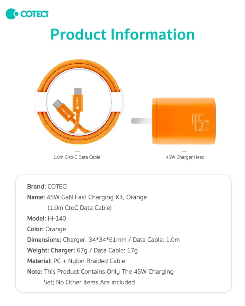 COTECi PD 45W GaN Fast Charging Adapter Charger Kit 1 m USB C to C Data Cable For Iphone 17 Series Orange
