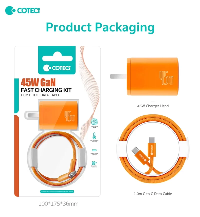 COTECi PD 45W GaN Fast Charging Adapter Charger Kit 1 m USB C to C Data Cable For Iphone 17 Series Orange