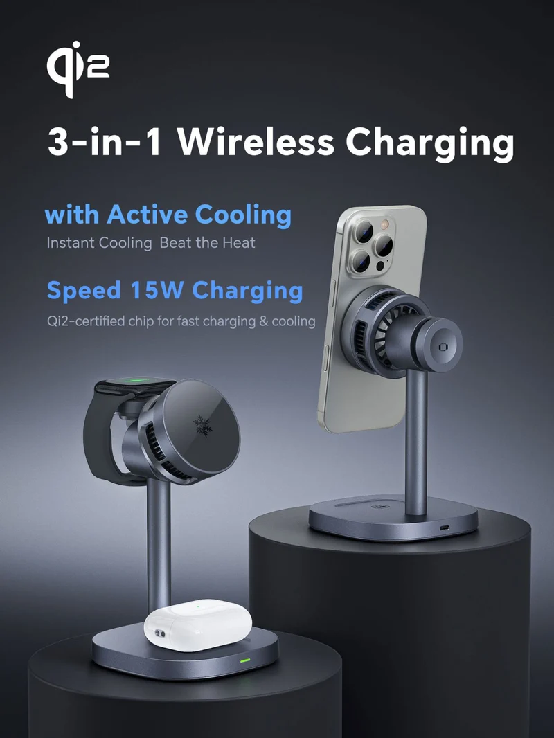 Furper Fast Cooling Wireless Charger, 3-in-1 High-speed QI2 15W Wireless Magnetic Charger, Suitable for IPhone, I Watch and Airpods