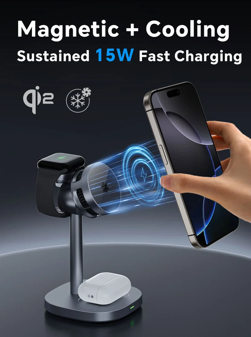 Furper Fast Cooling Wireless Charger, 3-in-1 High-speed QI2 15W Wireless Magnetic Charger, Suitable for IPhone, I Watch and Airpods