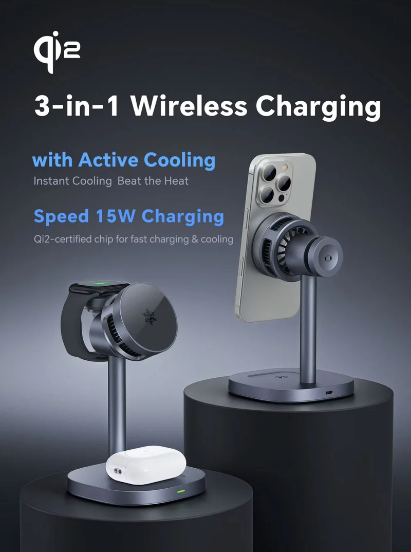 Furper Fast Cooling Wireless Charger, 3-in-1 High-speed QI2 15W Wireless Magnetic Charger, Suitable for IPhone, I Watch and Airpods