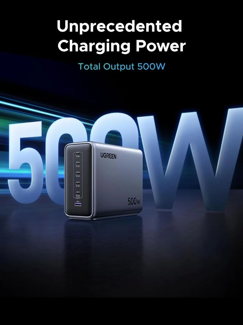 UGREEN Nexode 500W GaN Charging Station, 6-Port USB-C & USB-A with 240W Single Port, Smart Temperature Control
