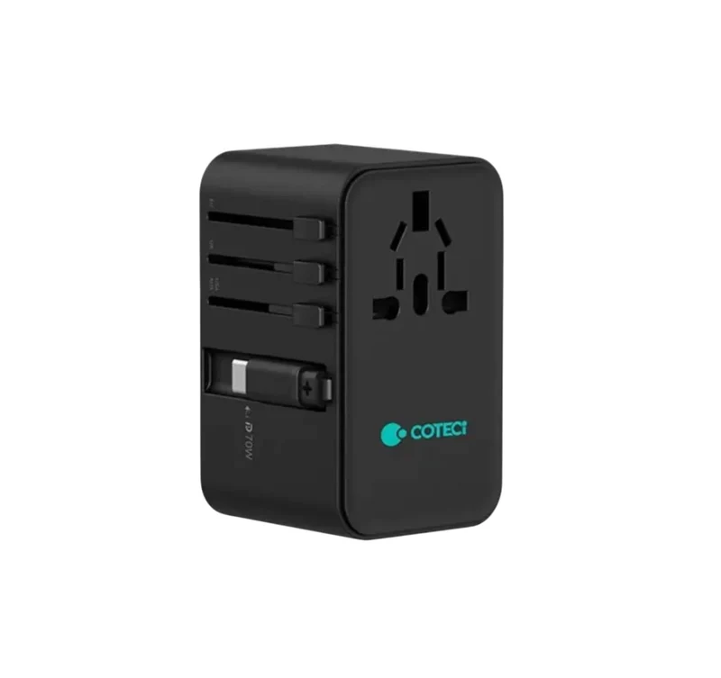 Coteci 70W GaN Universal Travel Charger (With Type-C Retractable Cable), | PD | PPS | QC3.0