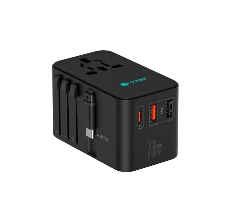 Coteci 70W GaN Universal Travel Charger (With Type-C Retractable Cable), | PD | PPS | QC3.0