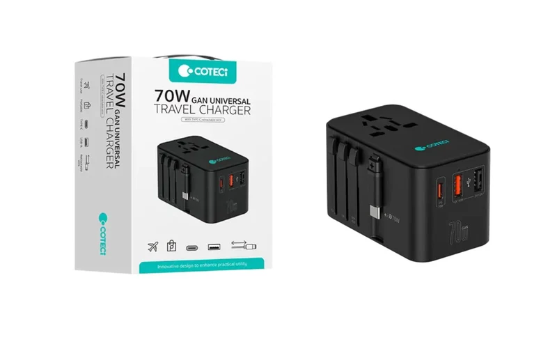 Coteci 70W GaN Universal Travel Charger (With Type-C Retractable Cable), | PD | PPS | QC3.0