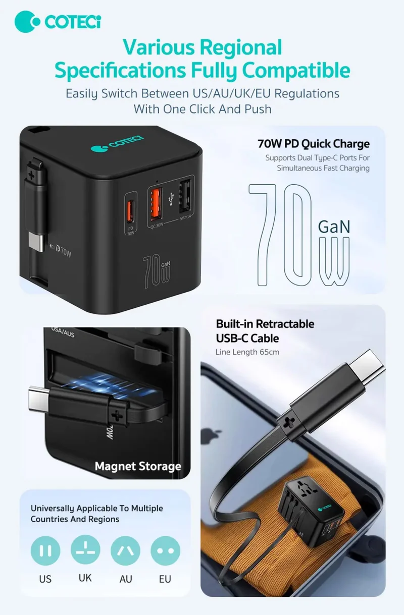 Coteci 70W GaN Universal Travel Charger (With Type-C Retractable Cable), | PD | PPS | QC3.0