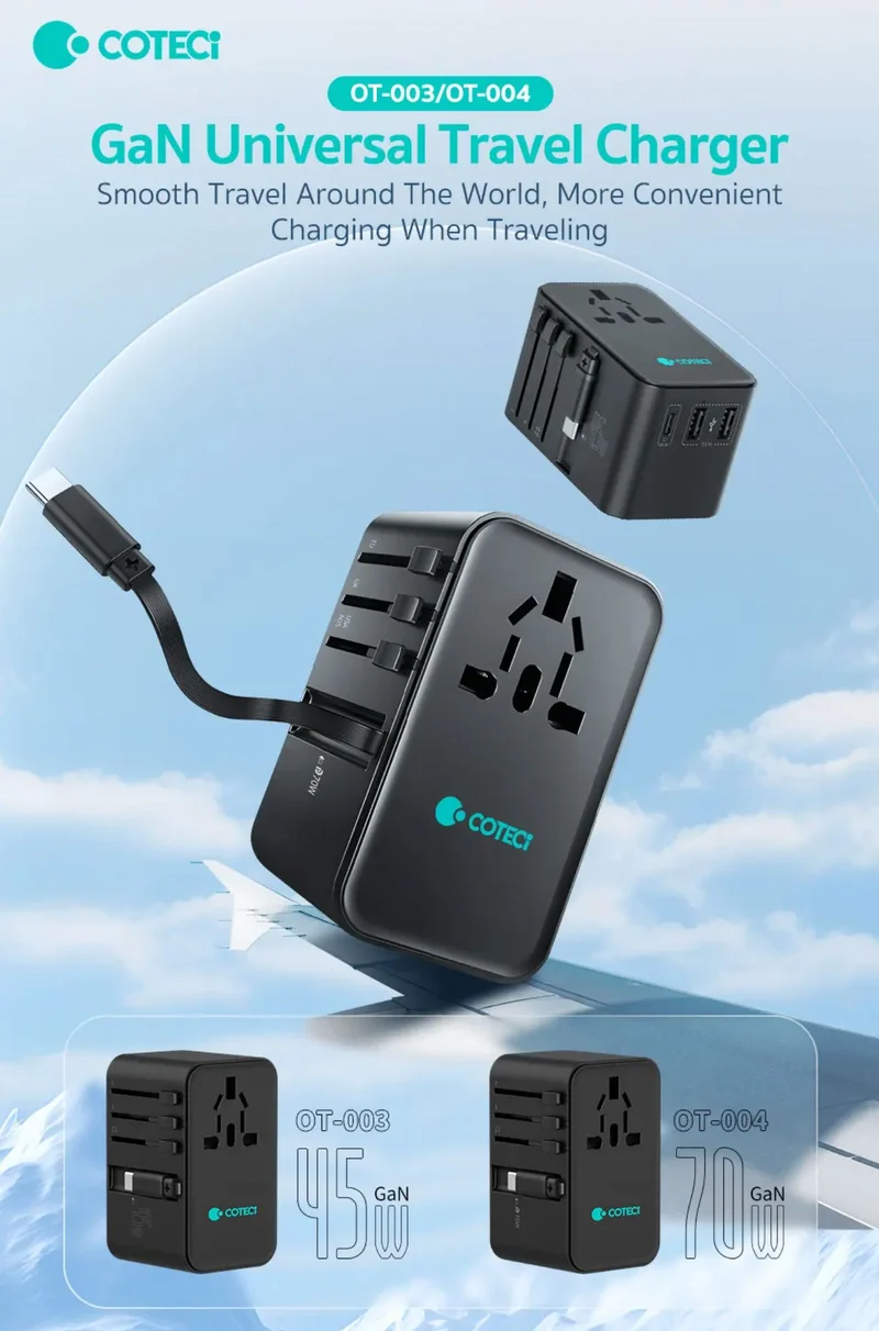 Coteci 70W GaN Universal Travel Charger (With Type-C Retractable Cable), | PD | PPS | QC3.0