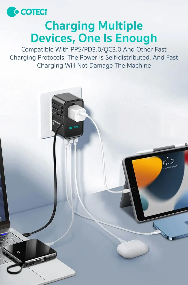 Coteci 70W GaN Universal Travel Charger (With Type-C Retractable Cable), | PD | PPS | QC3.0