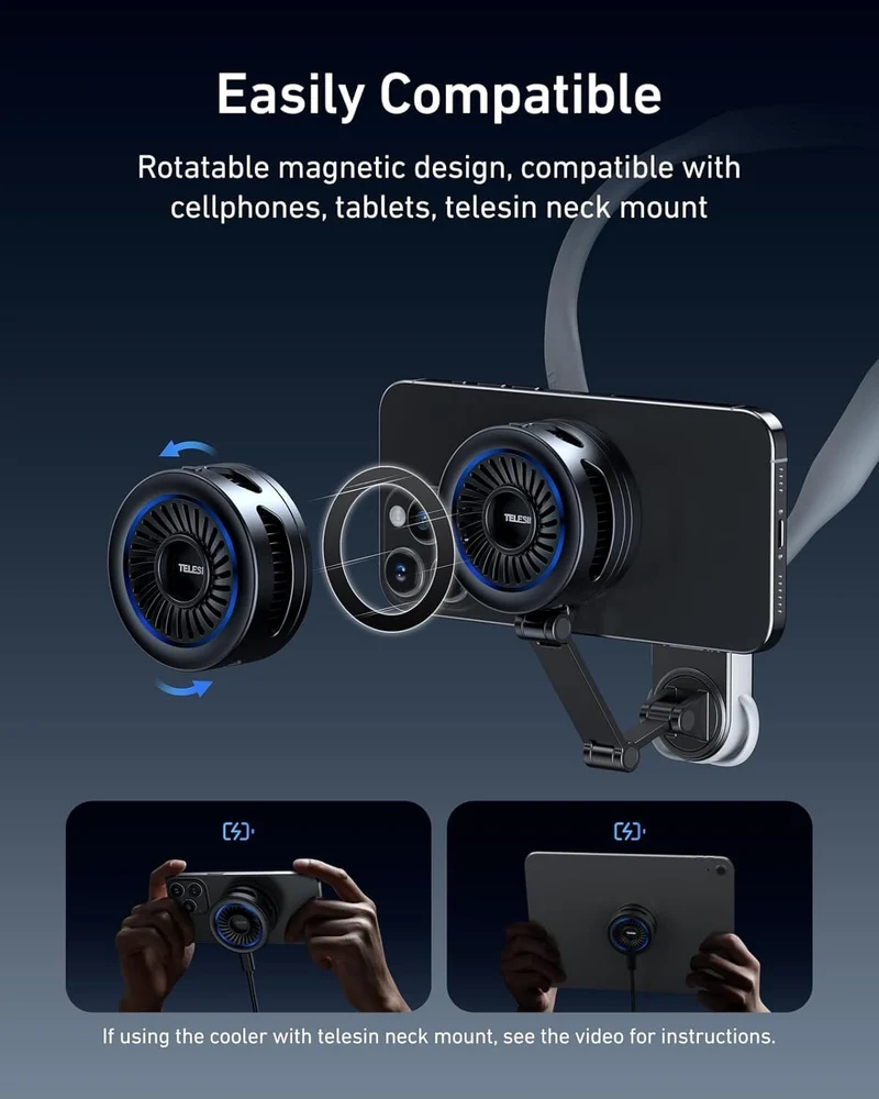 TELESIN Magnetic Phone Cooler Pro for Gaming and Live Streaming Cooling Fan for MagSafe, for iPhone/Android Magnetic Neck Mount