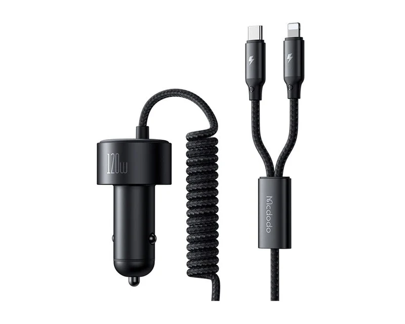 Mcdodo 120W Fast Car Charger with Led 4-in-1 PD PPS Travel Charger in Car Retractable Cables for iPhone Android