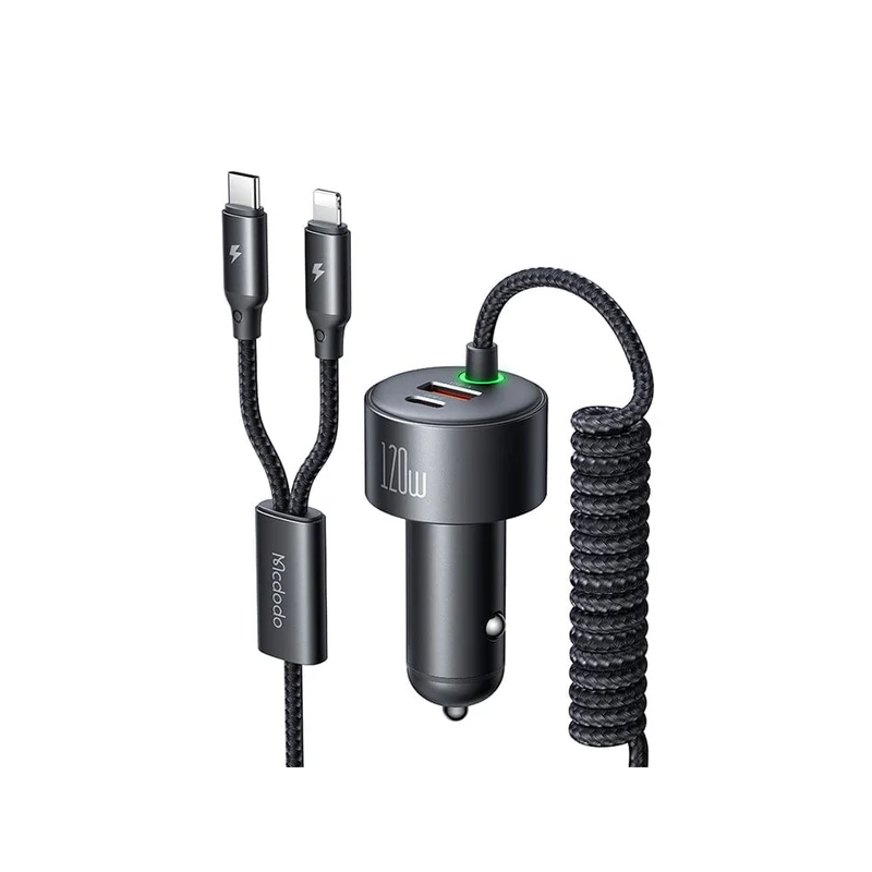 Mcdodo 120W Fast Car Charger with Led 4-in-1 PD PPS Travel Charger in Car Retractable Cables for iPhone Android