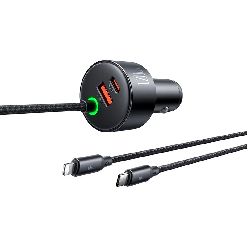 Mcdodo 120W Fast Car Charger with Led 4-in-1 PD PPS Travel Charger in Car Retractable Cables for iPhone Android