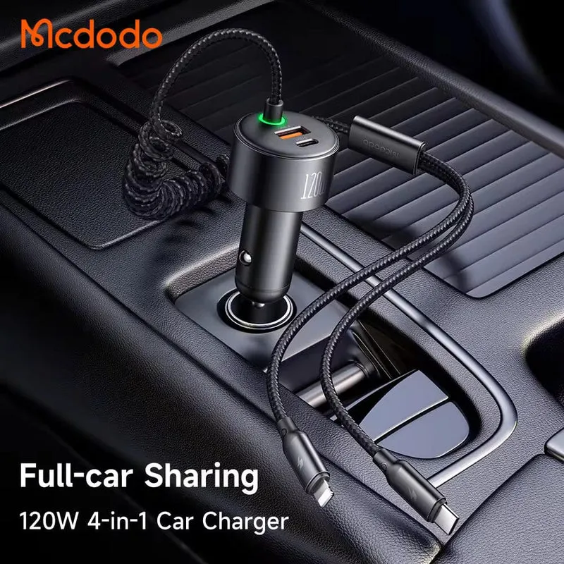 Mcdodo 120W Fast Car Charger with Led 4-in-1 PD PPS Travel Charger in Car Retractable Cables for iPhone Android