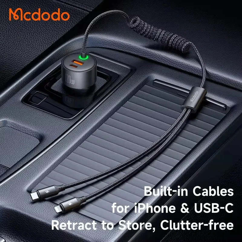 Mcdodo 120W Fast Car Charger with Led 4-in-1 PD PPS Travel Charger in Car Retractable Cables for iPhone Android