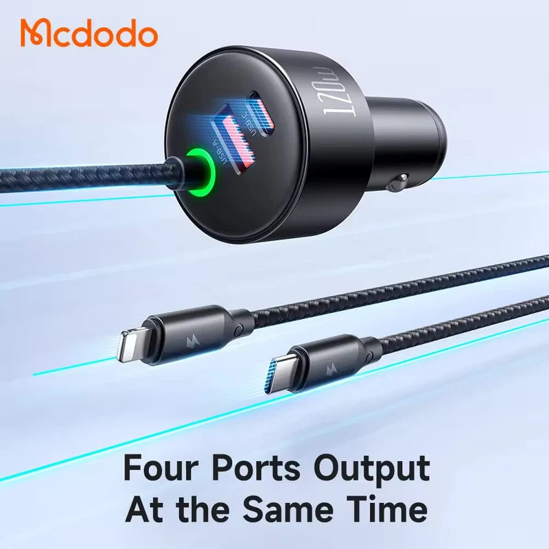 Mcdodo 120W Fast Car Charger with Led 4-in-1 PD PPS Travel Charger in Car Retractable Cables for iPhone Android