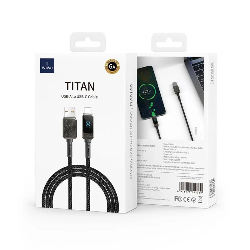 WiWU Wi-C038 Titan Series USB-A to Type-C 6A 66W LED Digital Display Charging and Data Cable 1.2M