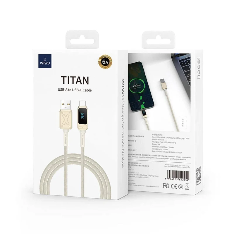 WiWU Wi-C038 Titan Series USB-A to Type-C 6A 66W LED Digital Display Charging and Data Cable 1.2M